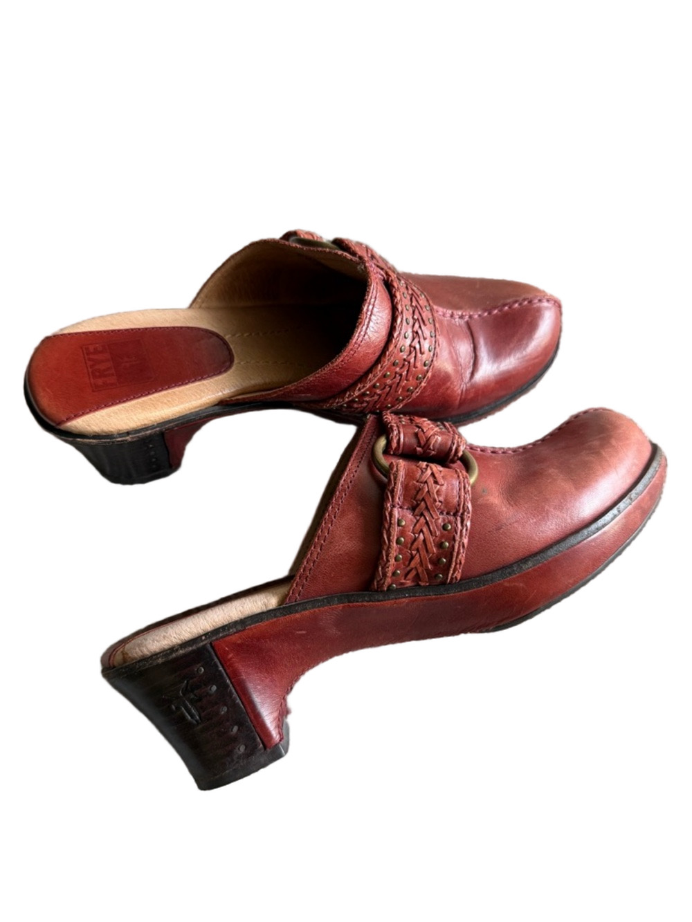 Frye Women's Cognac Brown Leather Braided Strap Cheryl Mules Size 6.5